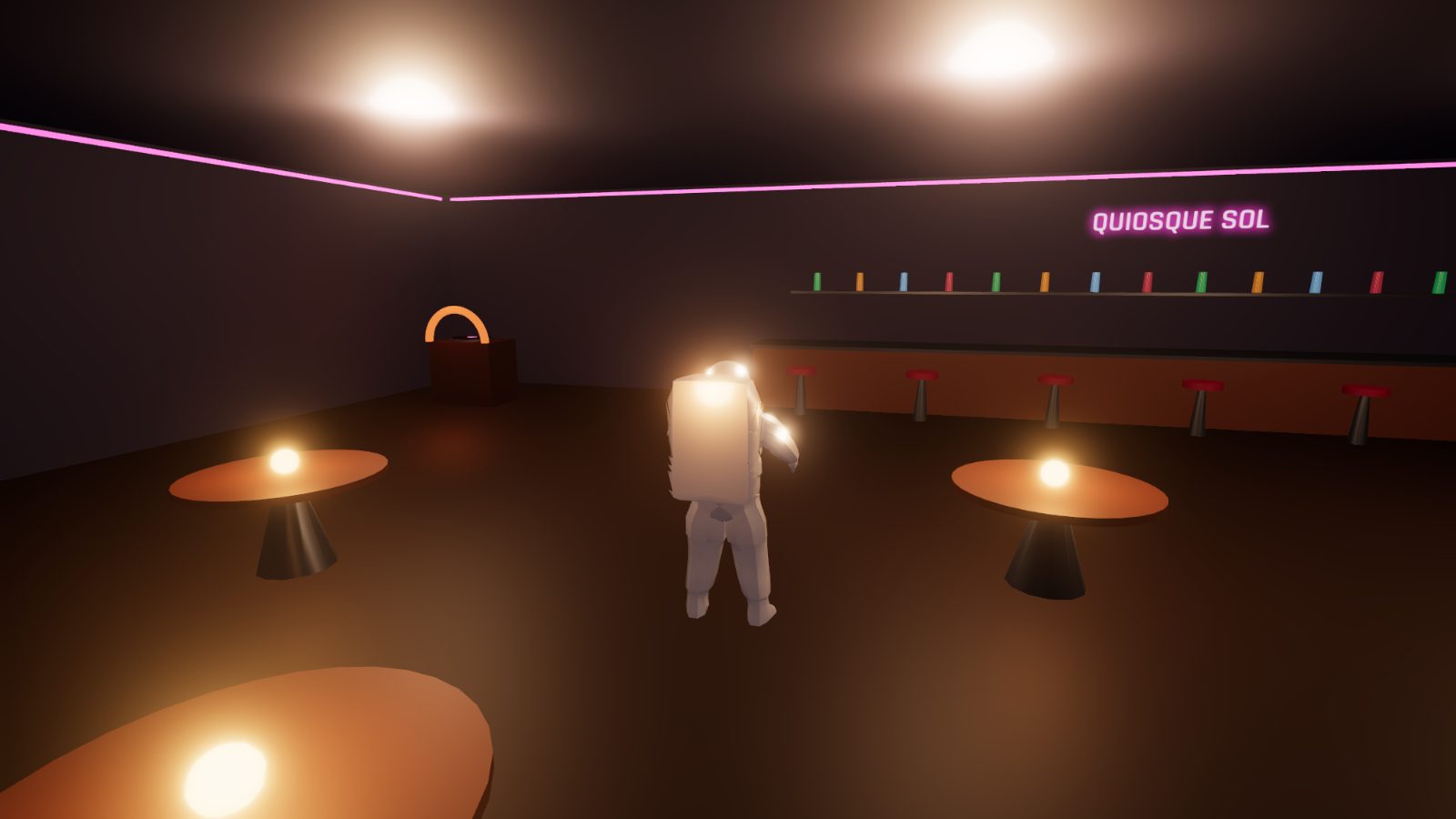Astronauta dentro do bar de um quiosque, com balcão, mesas e toca-discos